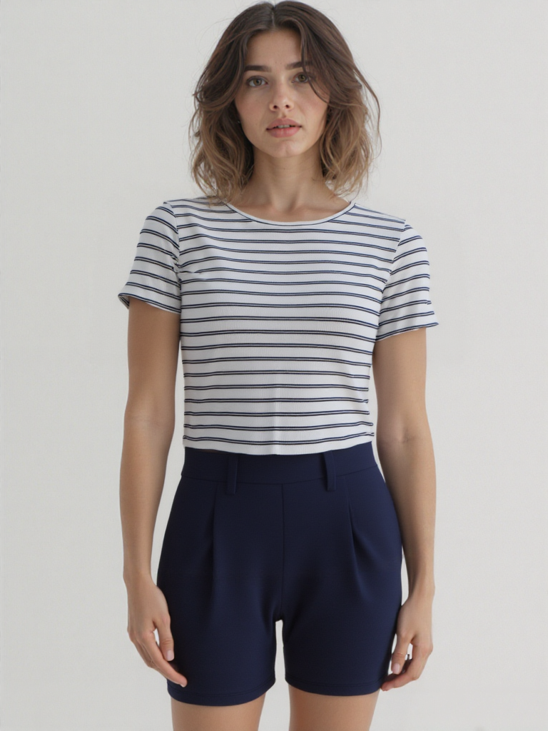 SANDY S/S TOP in Ecru, Blue Striped