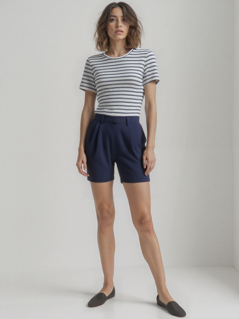 SANDY S/S TOP in Ecru, Blue Striped