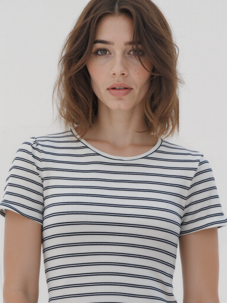SANDY S/S TOP in Ecru, Blue Striped