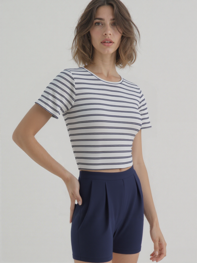 SANDY S/S TOP in Ecru, Blue Striped