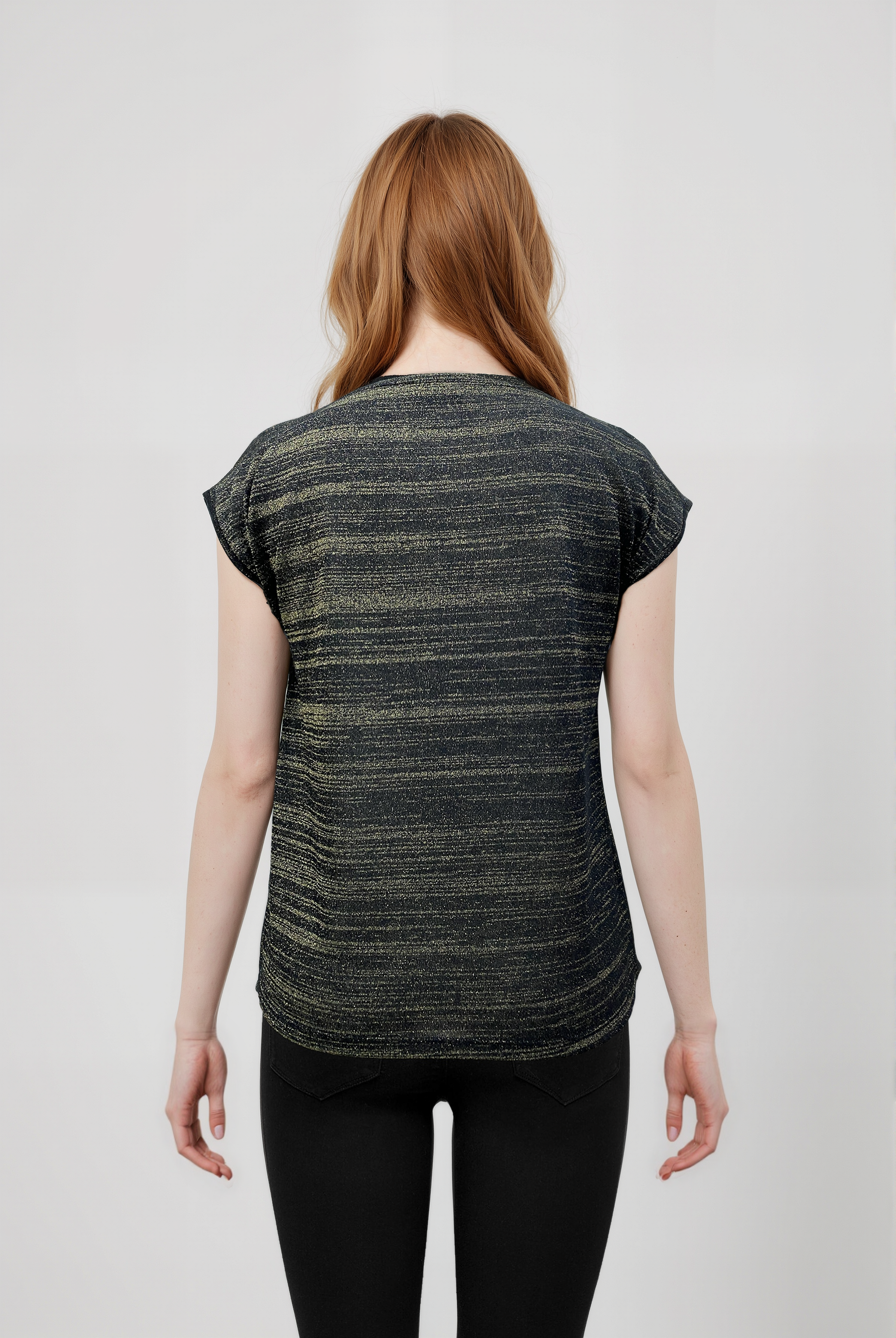 SKY GLITTER S/S TOP in Black, Gold Striped