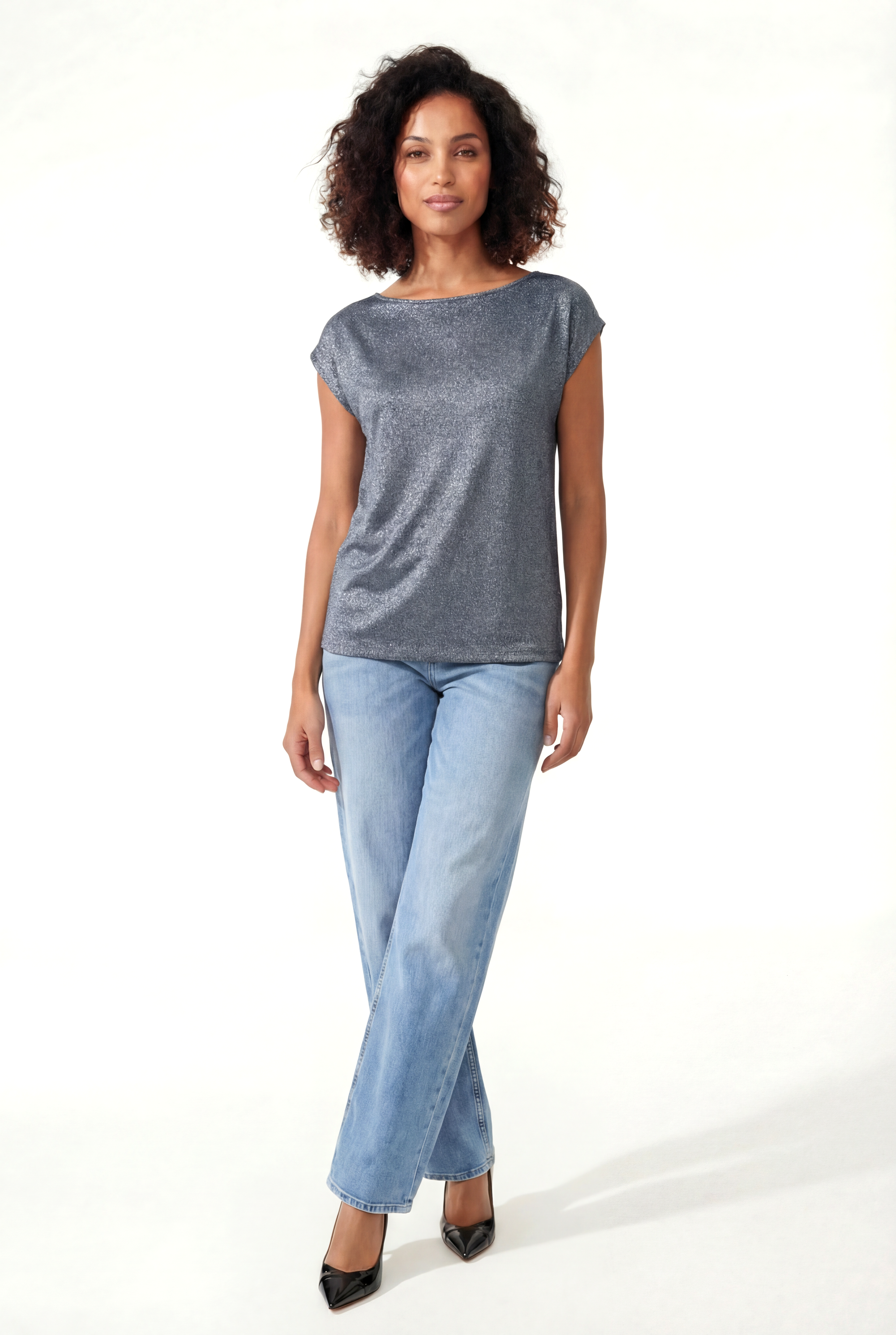 SKY GLITTER S/S TOP in Black / Silver