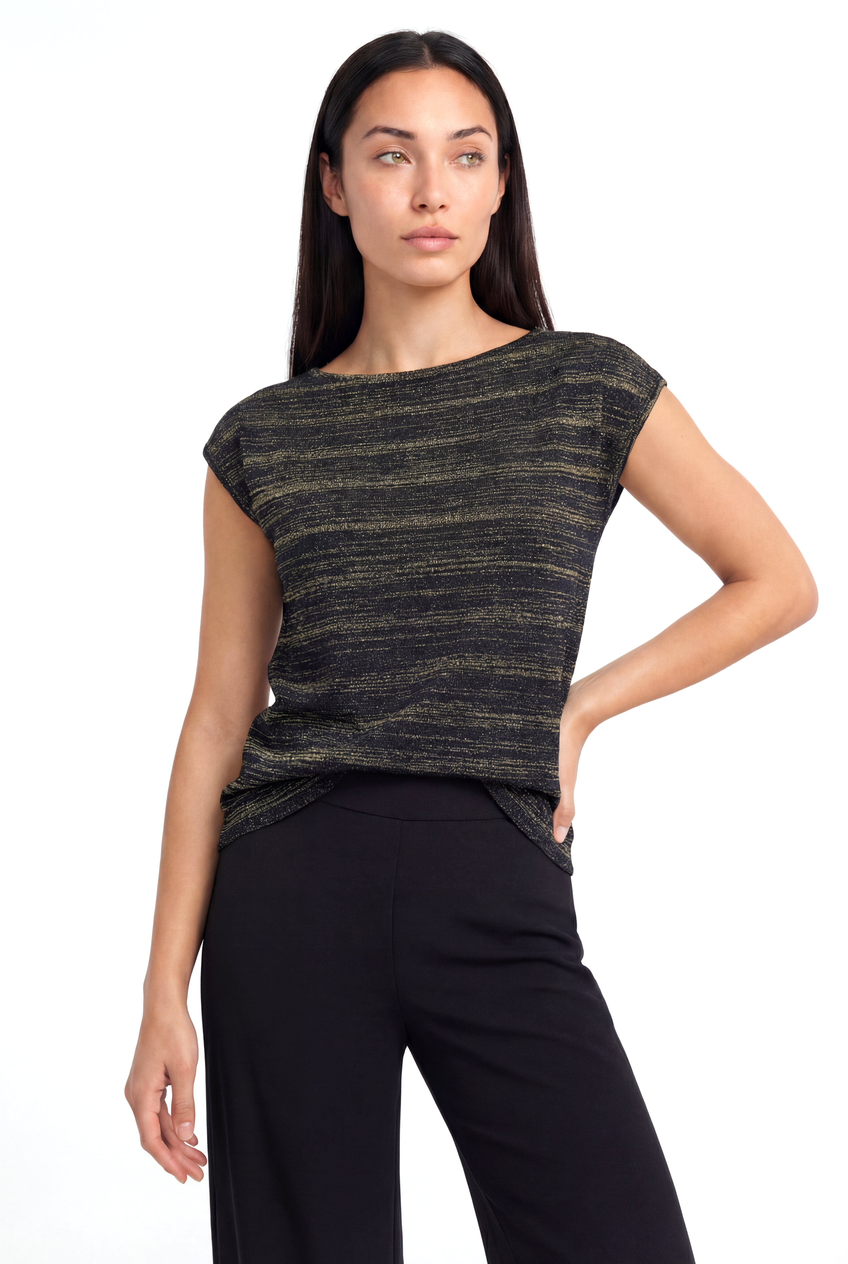SKY GLITTER S/S TOP in Black, Gold Striped
