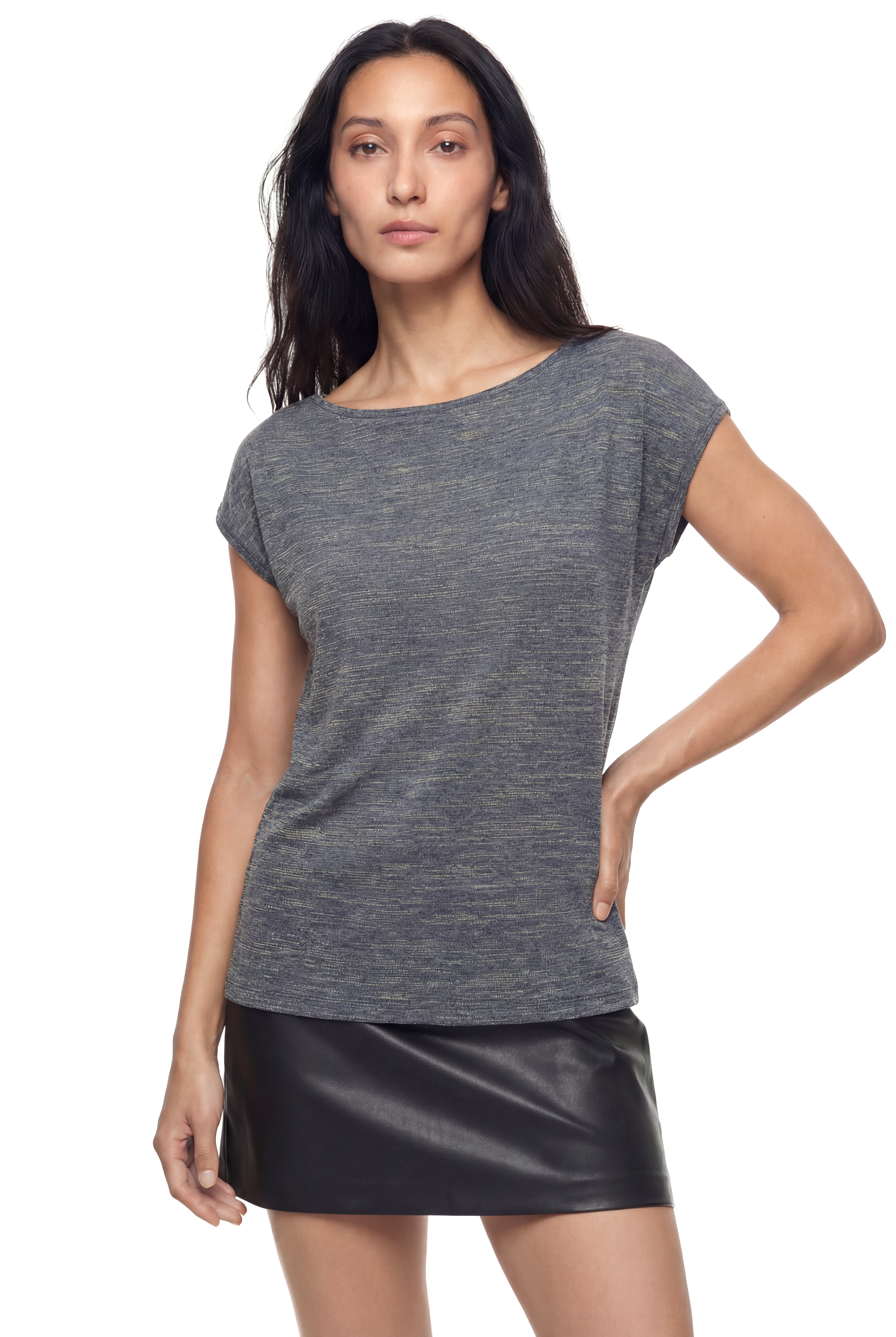 SKY GLITTER S/S TOP in Grey Melange, Gold
