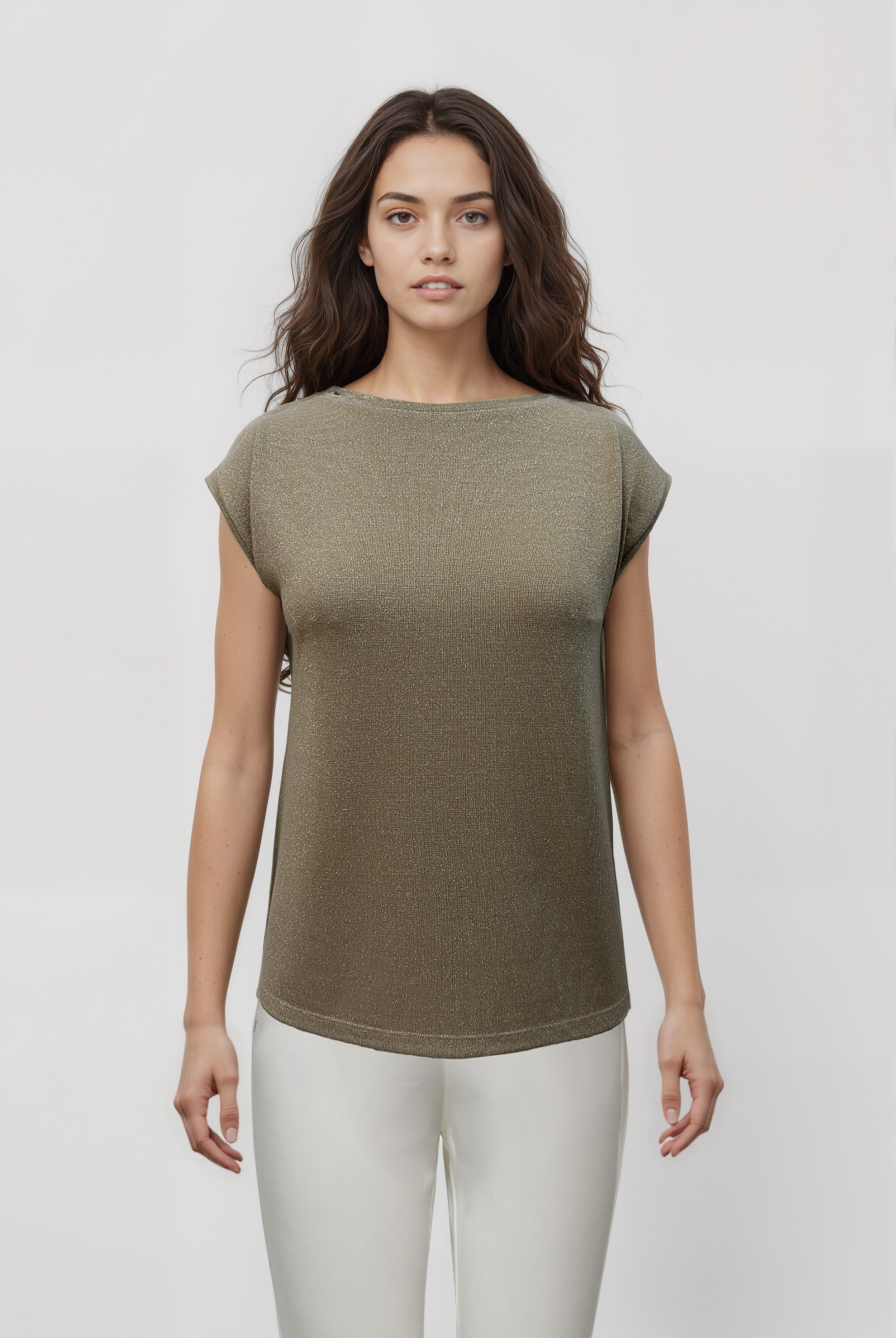 SKY GLITTER S/S TOP in Tan