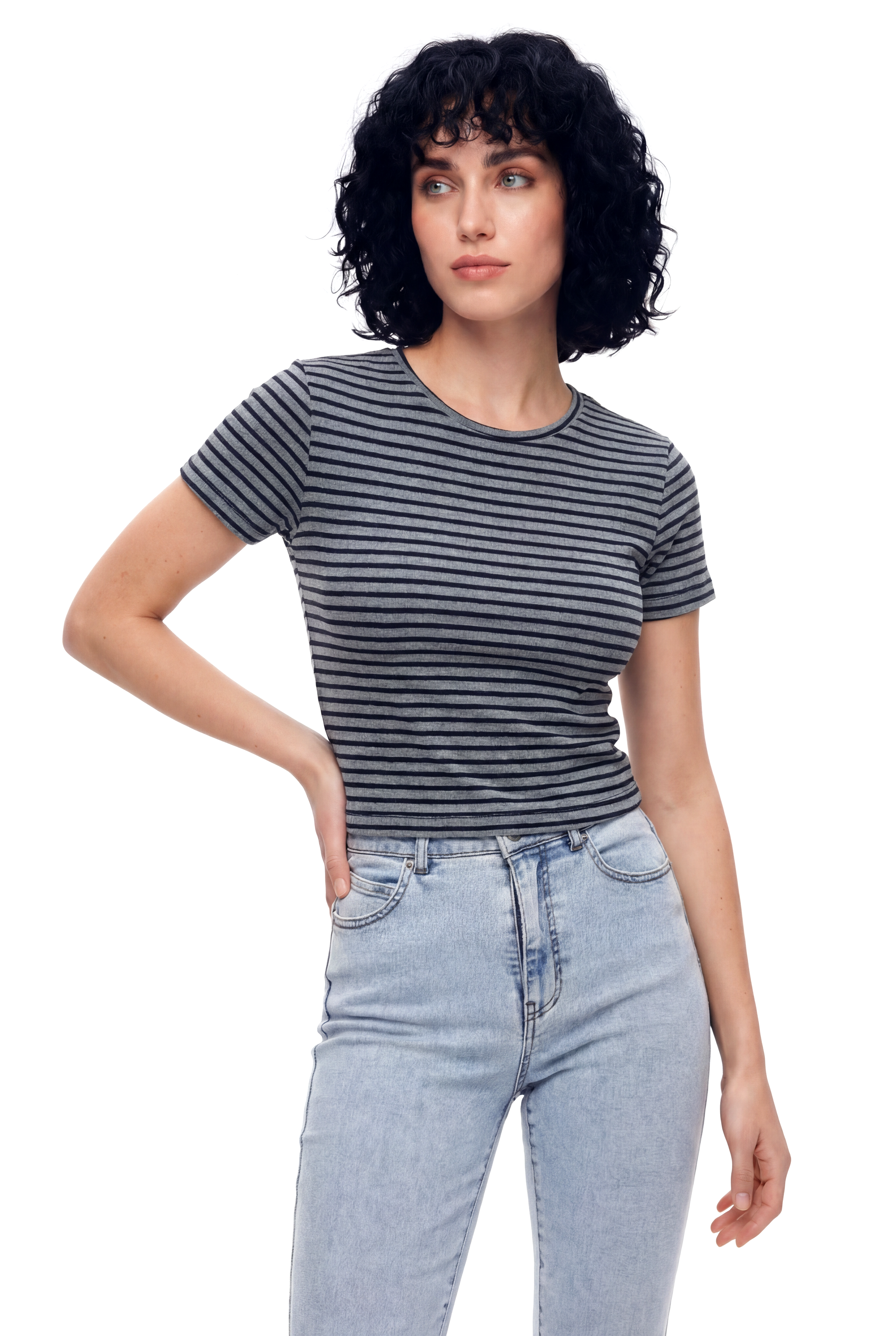 SANDY S/S TOP in Black, Grey Striped
