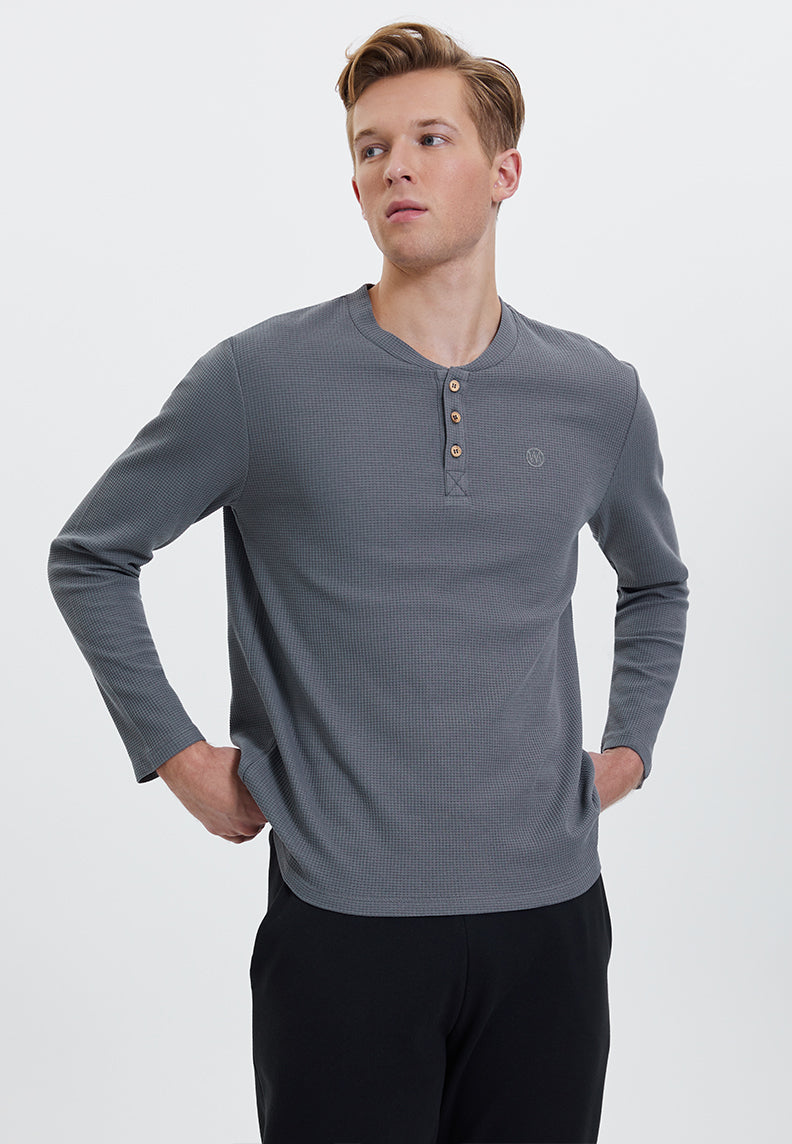 ESSENTIALS LONG SLEEVE HENLEY in Quiet Shade