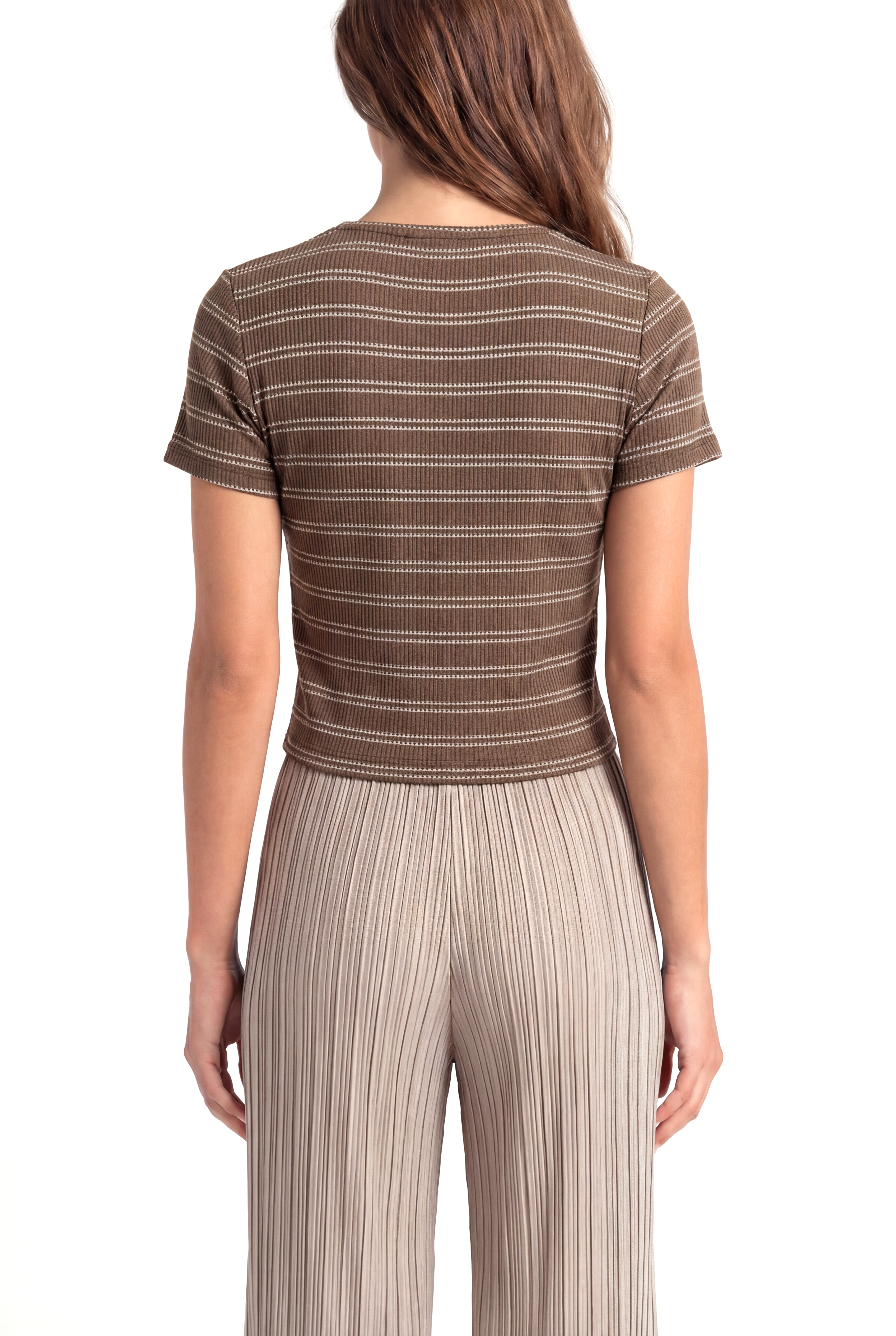 SANDY S/S TOP in Cocoa, Beige Striped