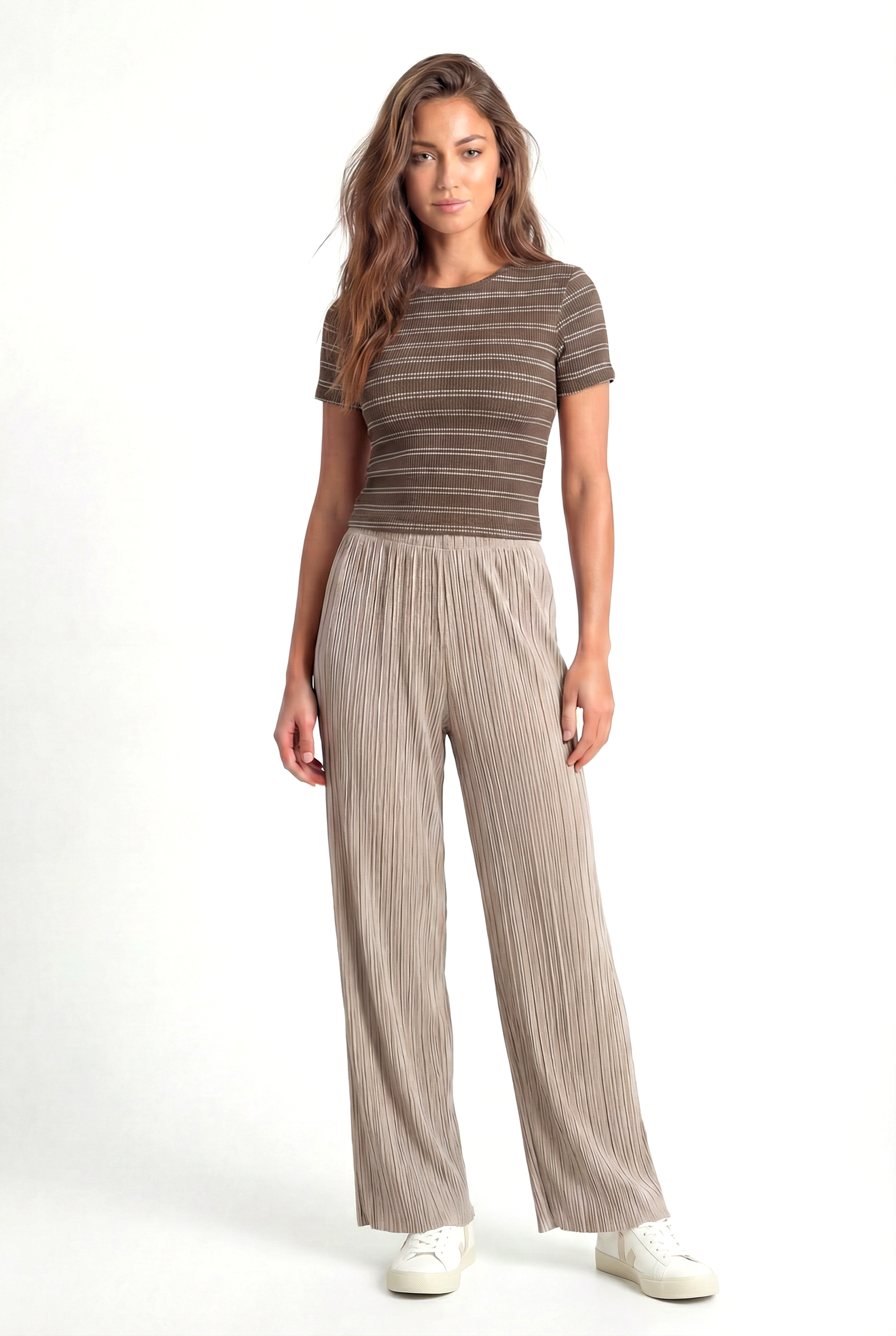 SANDY S/S TOP in Cocoa, Beige Striped