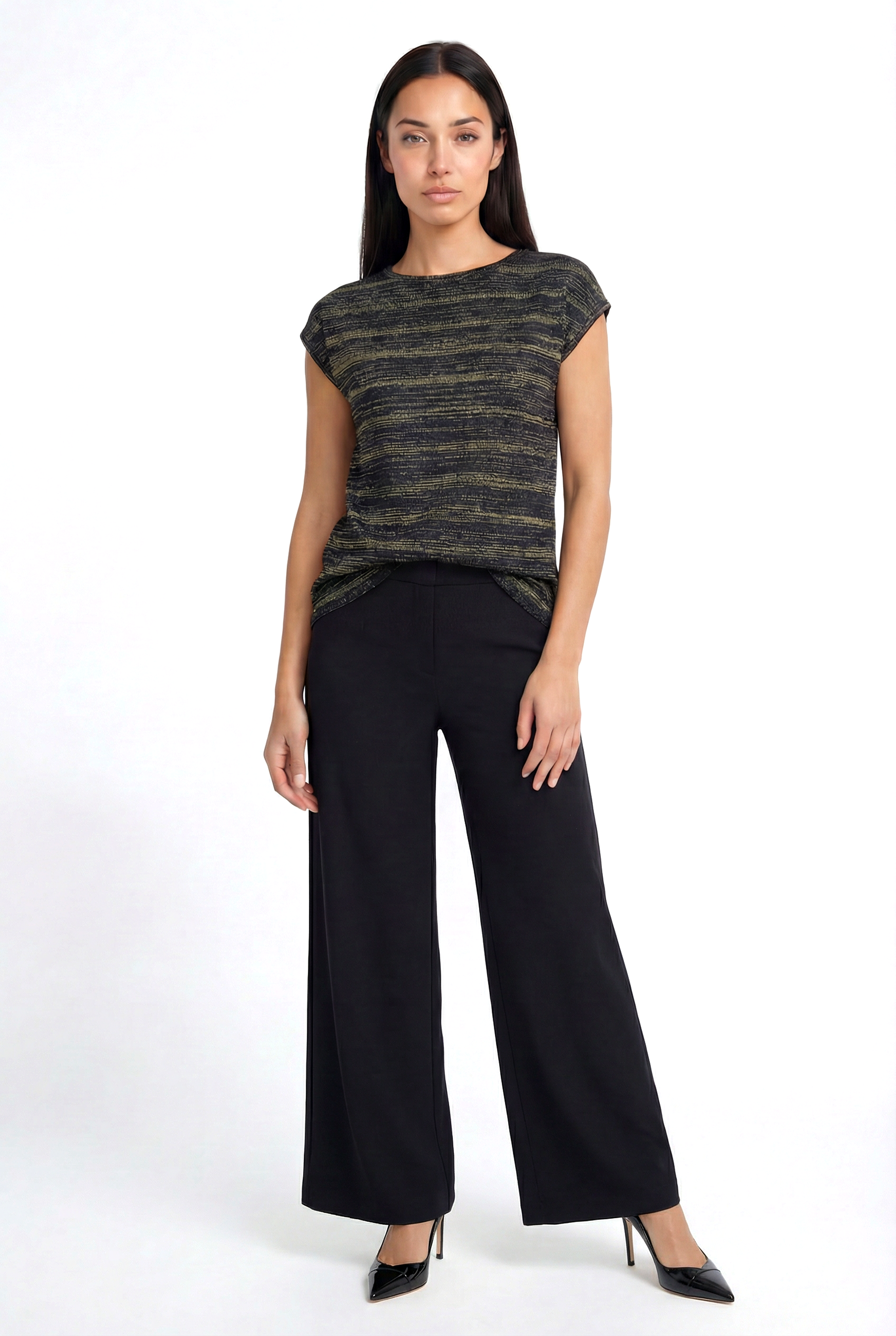 SKY GLITTER S/S TOP in Black, Gold Striped
