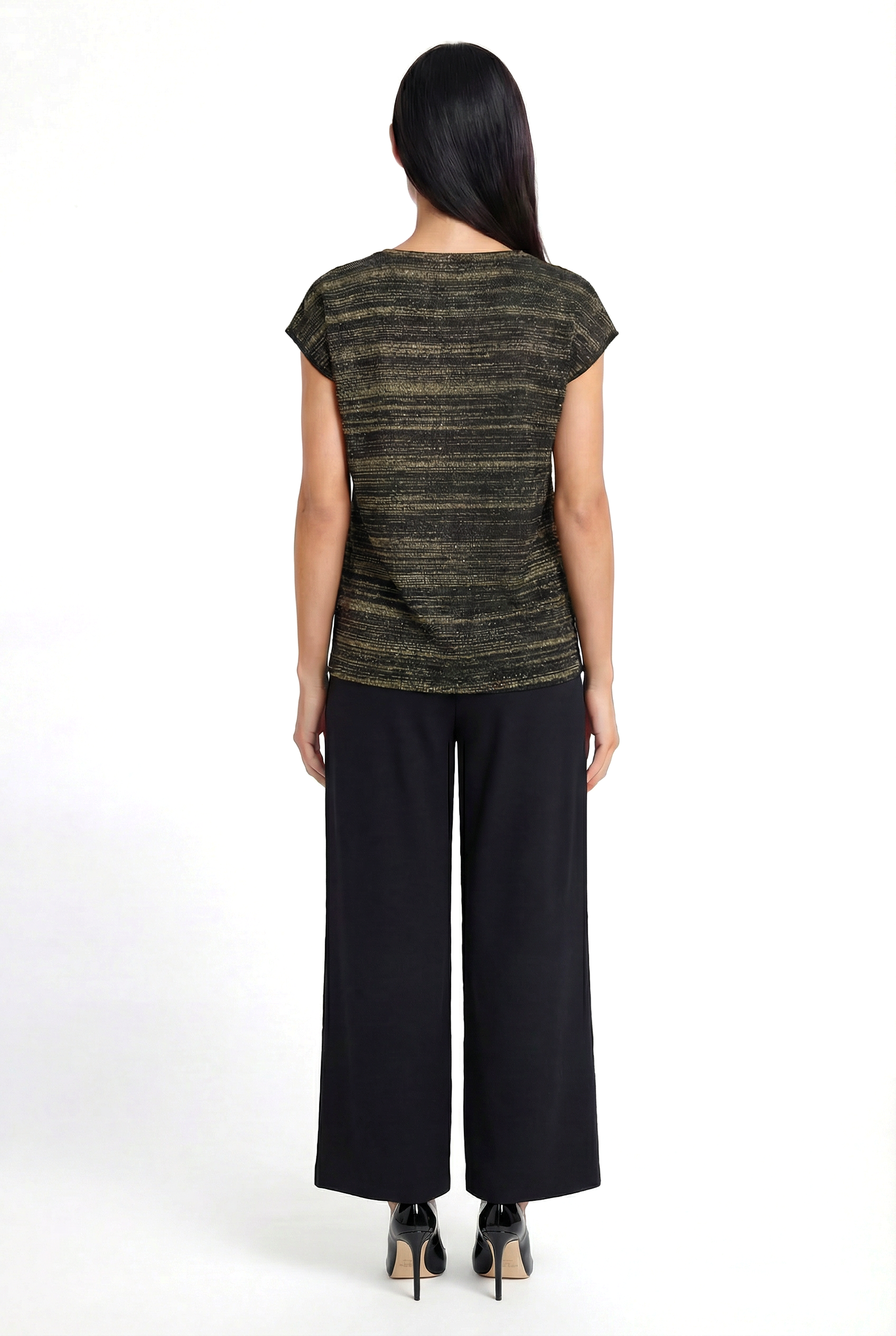 SKY GLITTER S/S TOP in Black, Gold Striped