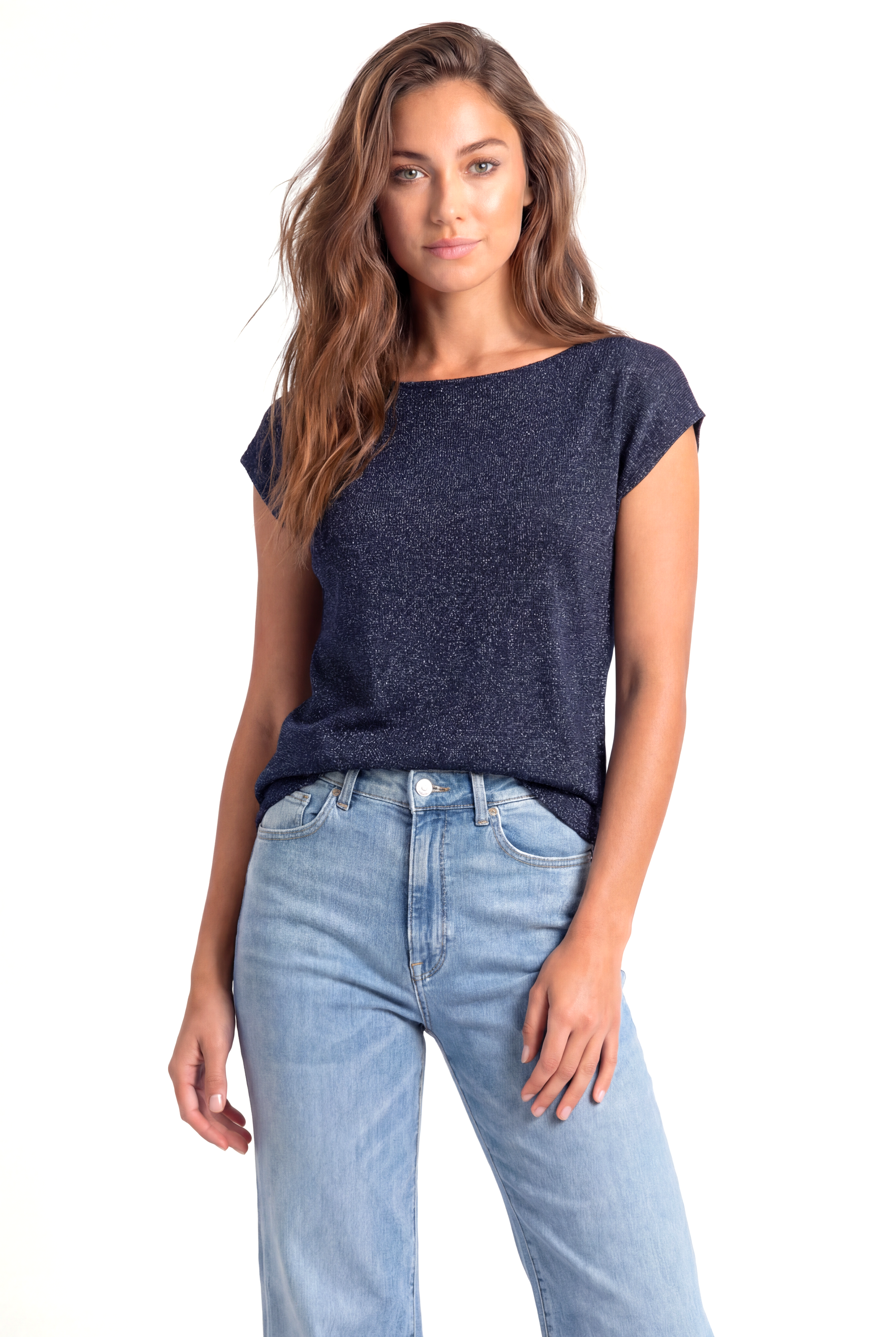 SKY GLITTER S/S TOP in Black, Grey