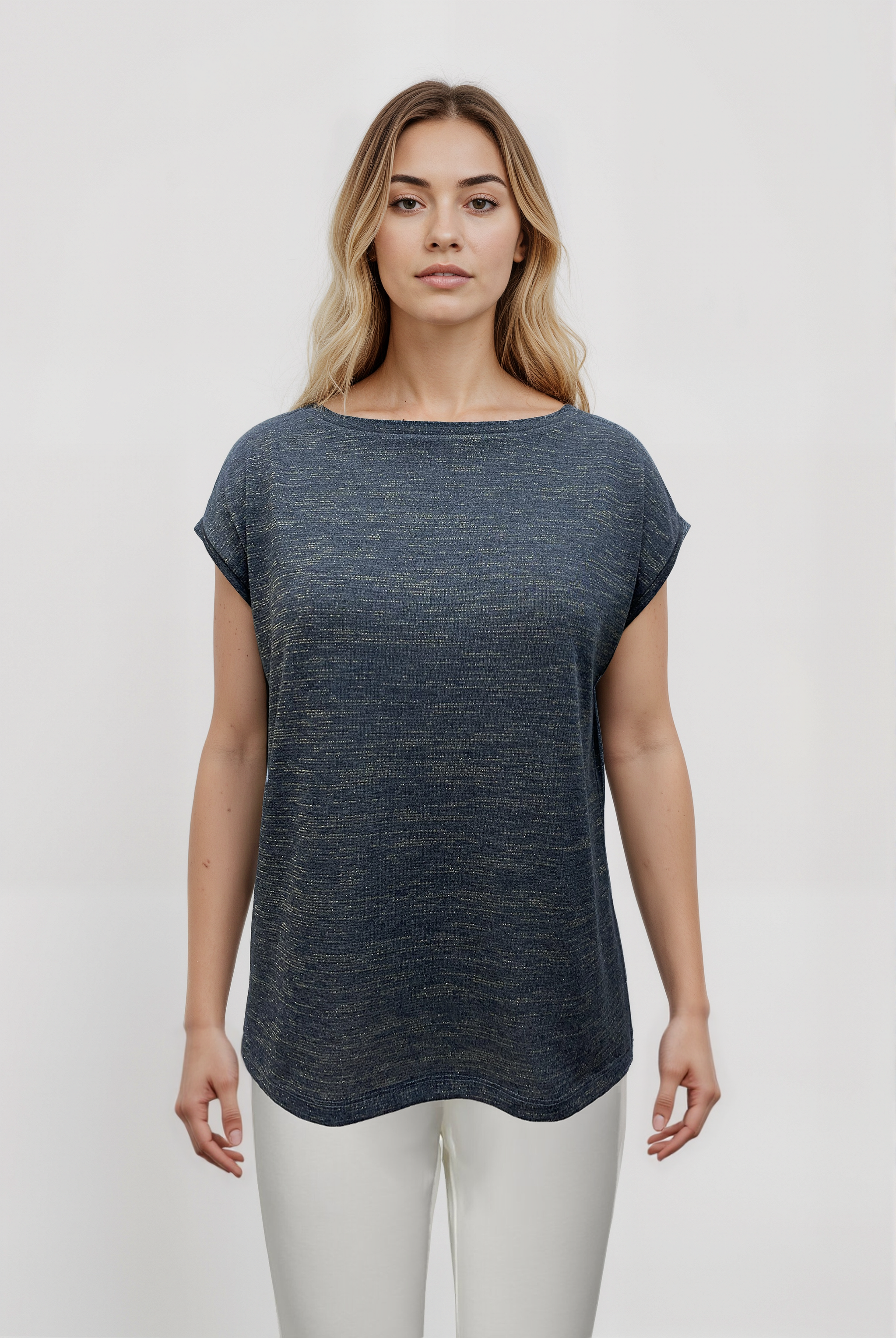 SKY GLITTER S/S TOP in Grey Melange, Gold