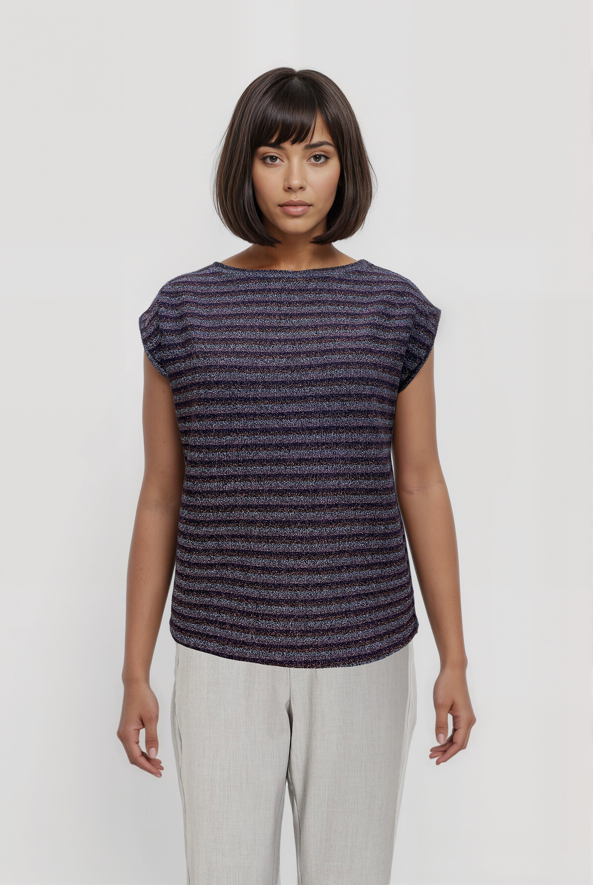 SKY GLITTER S/S TOP in Rose, Grey Striped