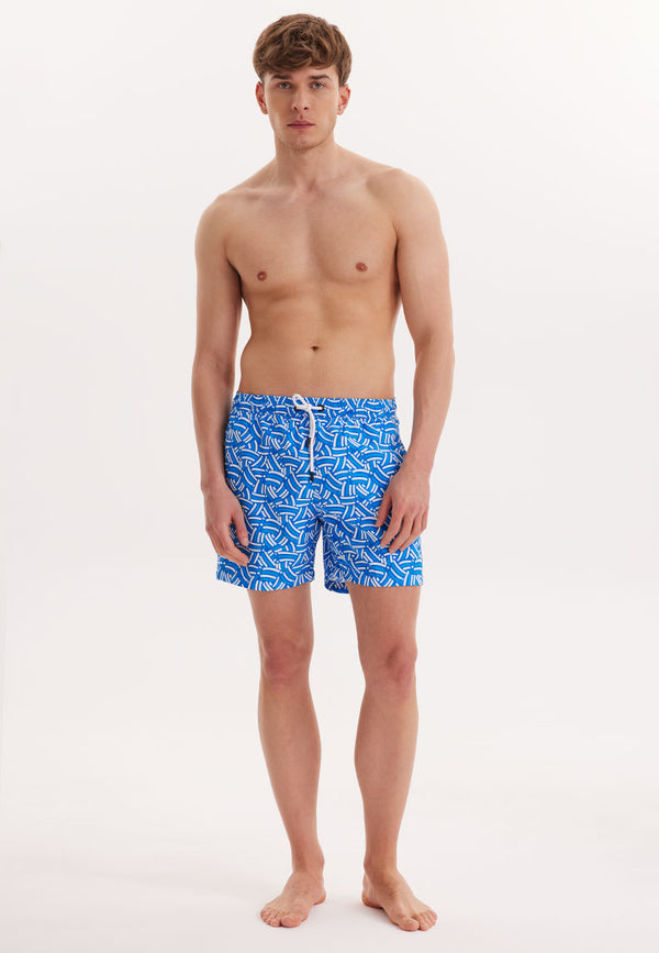 WMGEOMETRIC CURVE SWIM SHORTS in Blue AOP