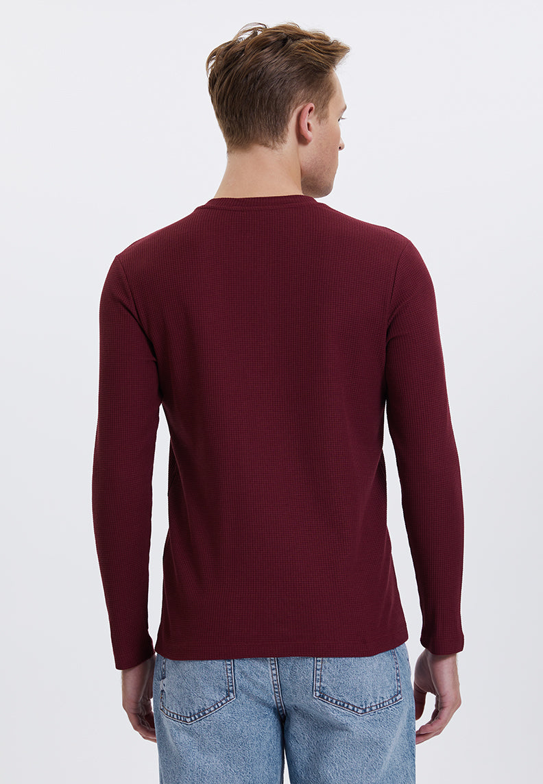 ESSENTIALS LONG SLEEVE HENLEY in Cabernet