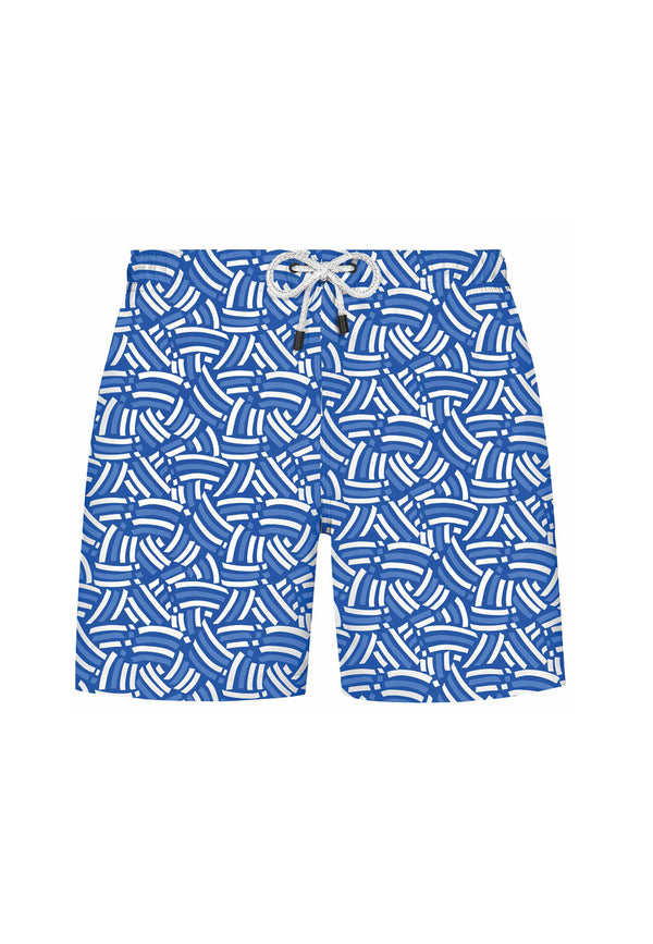 KIDS WMGEOMETRIC CURVE SWIM SHORTS in Blue AOP